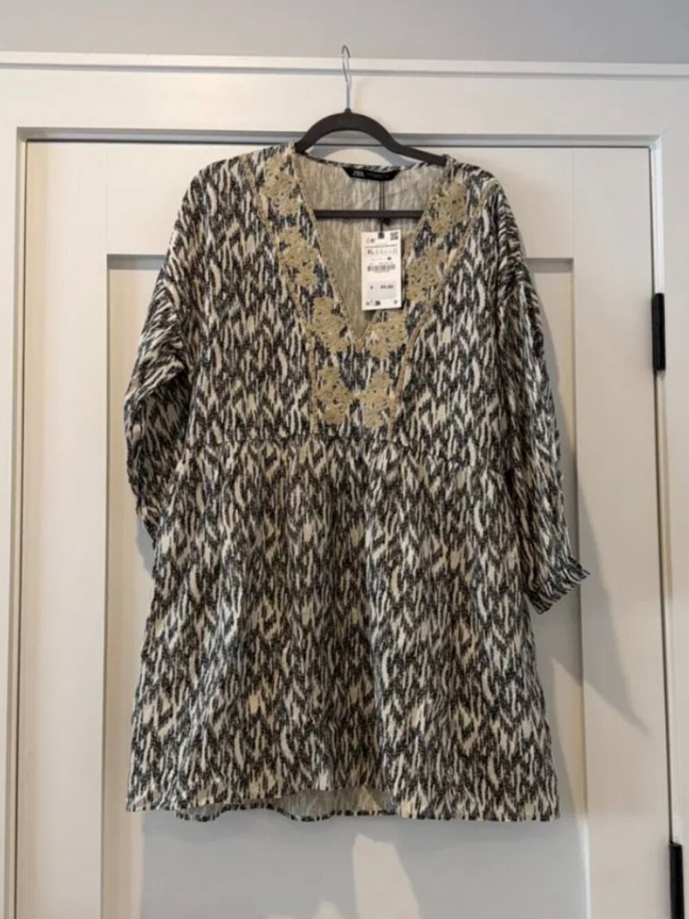 Zara Ikat Print Mini Dress Gold Embroidered V Neck Long Sleeve XL NWT Boho